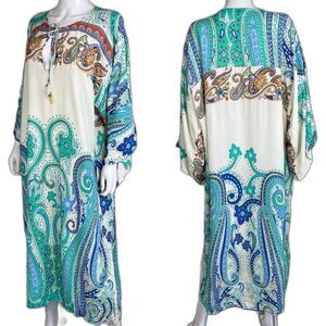 Zara Women's Size L Blue Pullover Paisley Floral Kaftan Maxi Dress Pockets Boho